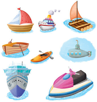 set of water transport hand-made cartoon illustration