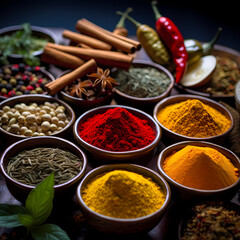 A collection of colorful spices in small bowls.
