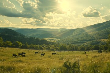Fototapeta premium Cow goat pasture in a field ecological local farm no cruelty animal safety happiness herd flock milk eco environment sustainability humanity agriculture green forest meadows mountains grass land