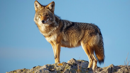 Fototapeta premium A coyote with its amber eyes and sleek fur standing atop a rocky outcrop its howls harmonizing with the rustling wind. .