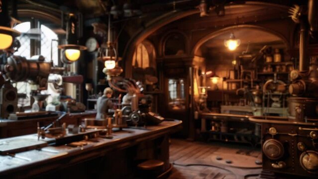 A workshop scene imbued with a steampunk atmosphere, surrounded by gears and machine parts. Warm lighting creates countless reflections off the metal, producing a fantastical space. 