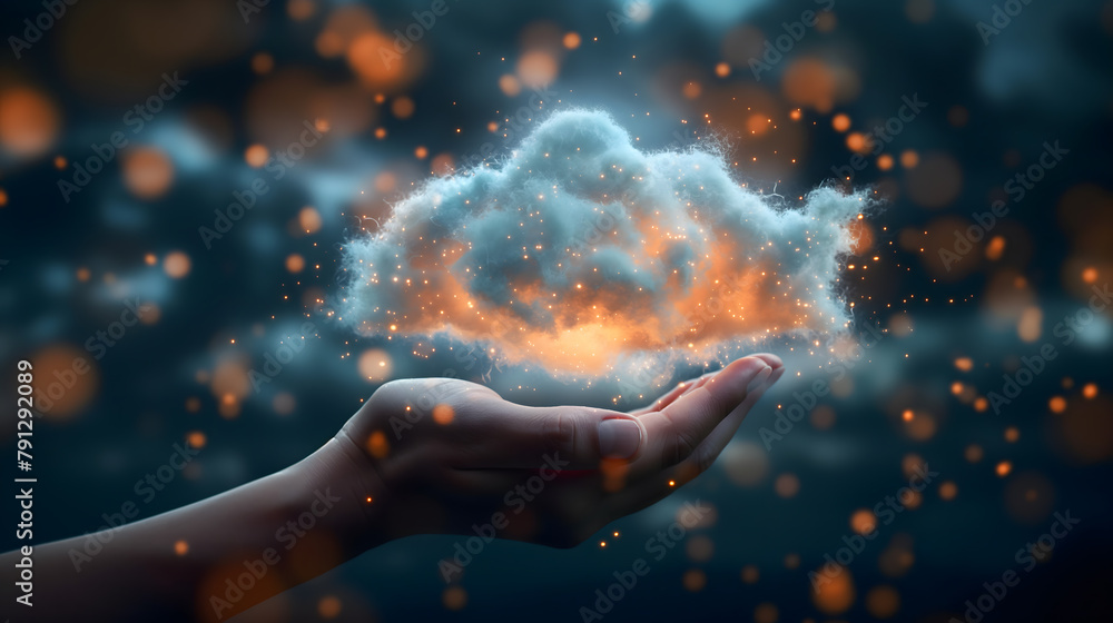 Poster private data transfer cloud computing technology concept. a large prominent digital cloud floating a