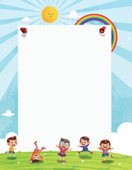 Obraz premium Kids jumping playing under rainbow colourful 