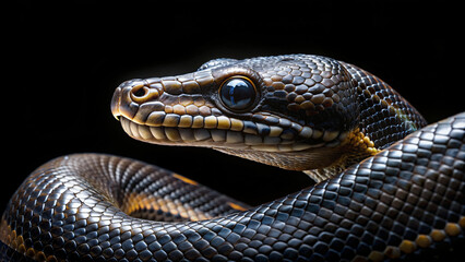 Obraz premium Macro close-up of a black python snake slithering on black background, showcasing its dangerous beauty and intricate scales
