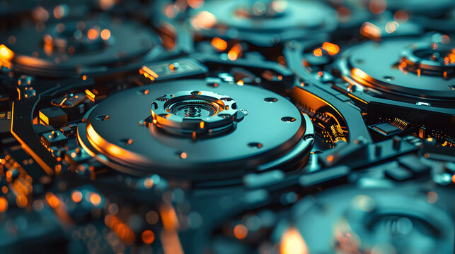 The futuristic hard disk in the dark is a concept of memory hardware mechanisms. Mechanical technology, machine engineering wireframe, abstract background.