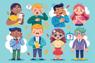 characters experiencing different pain. Headache, toothache, menstrual pain