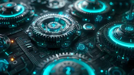 Fotobehang Futuristic gear wheels in the dark azure, a concept of glowing Cogs and gear wheel mechanisms. Mechanical technology machine engineering wireframe. Abstract background. © Antto-AI