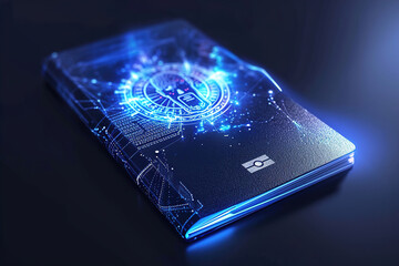 Futuristic biometric passport. Embedded chip, and other features that convey cutting-edge technology and efficiency.