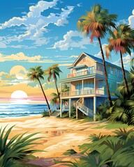 Illustration of a beach with palm trees and a house at sunset
