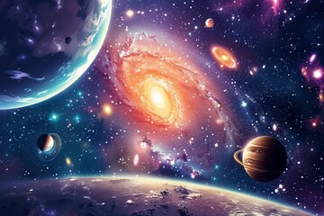 a cosmic picture with planets and stars