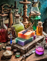 A steampunk inspired laboratory where colorful soap bars are being created