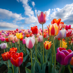 A field of tulips in various colors. 