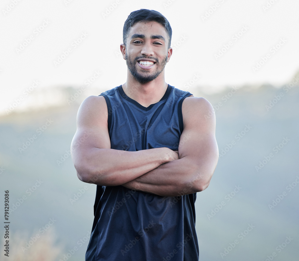 Poster Outdoor, portrait or Indian man with smile for running workout, fitness exercise or healthy wellness. Athlete, proud runner or happy sports person ready to start training with arms crossed in nature