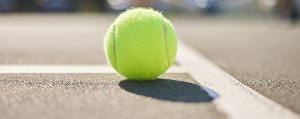 Tennis court, ball and fitness outdoor on asphalt and ground with sport, workout and competition...
