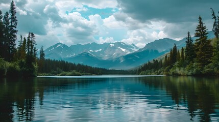 Scenic view of lake by trees against mountains and cloudy sky - obrazy, fototapety, plakaty