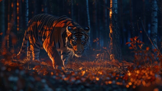 The tiger is hunting in the forest at night
