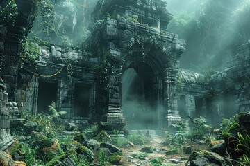 An ancient temple lost in the jungle. A sense of mystery envelopes the temple ruins, with intricate carvings hinting at the stories that once echoed within its walls.