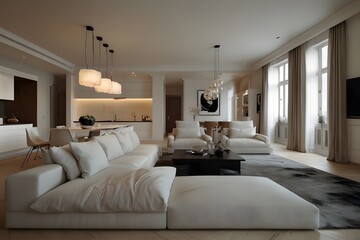 Luxurious interior design living room and white kitchen. Open plan interior.
