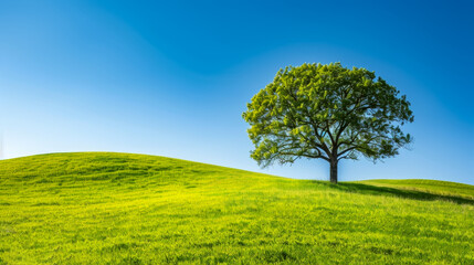 Tranquil and minimalistic scene of a tree on a green hill under a clear blue sky, ai generated. - Powered by Adobe