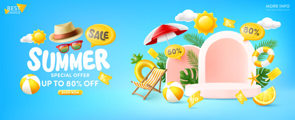 Summer Sale Poster or Banner template featuring a tropical beach scene with sun and party elements.Product display,Tropical summer scene, Perfect for promoting your summer products on blue background