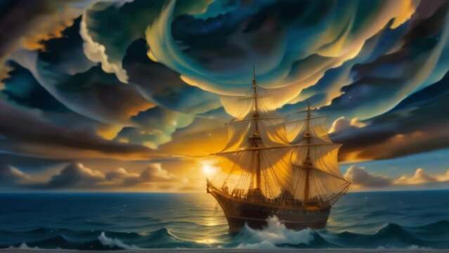 A ship is depicted sailing in the vast ocean under a cloudy sky in this painting. loop video