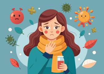 Women with the flu. Set of cold symptoms, headache, runny nose, cough, fever, sore throat. Sick Women