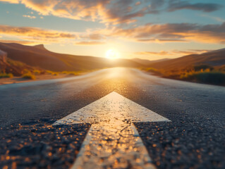 Sunlit road with forward arrow sign, concept of progress, future, and direction in business success. - obrazy, fototapety, plakaty