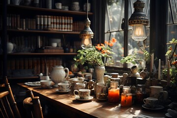Coffee shop interior panoramic view. Table with cup of coffee, teapot, saucers and other items. Tea party concept