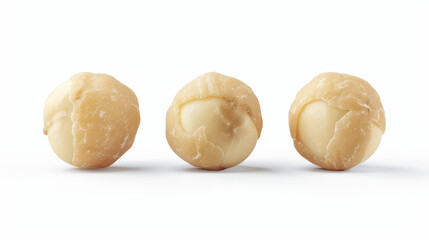 3 macadamia kernel nuts on a white background - obrazy, fototapety, plakaty