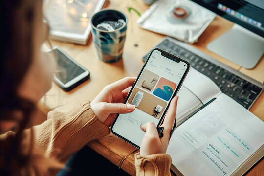 Customer customizing a product online, such as a personalized mug or phone case. User-friendly interface, customization options and uniqueness of personalized items.