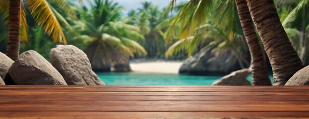 empty wood table over blue sea beach and palm leaves background summer diay space for product...