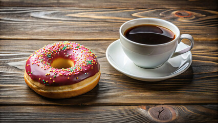 cup of coffee and donuts om wooden table
