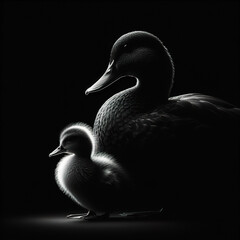 Fototapeta premium Black background Rim light a duck mother and her baby in profile photography, with the light shining on its fur