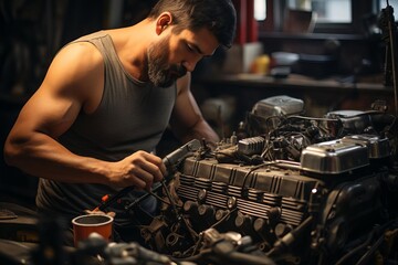 A mechanic works on a motorcycle engine.
