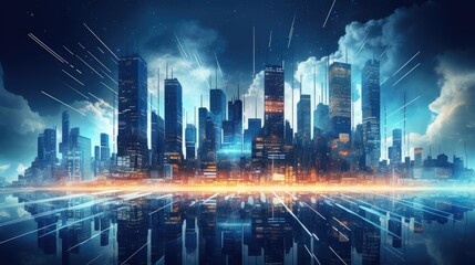 Abstract digital cityscape with skyscrapers and digital billboards