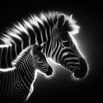 Black background Rim light a zebra mother and her baby in profile photography, with the light shining on its fur