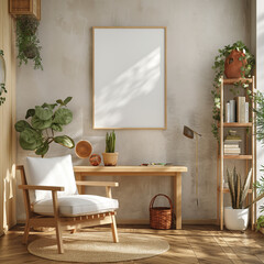 A white chair is in front of a desk with a picture frame on it
