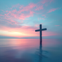 Fototapeta na wymiar A wooden cross is standing in the water in front of a beautiful sunset