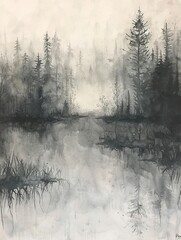 Fog over a haunted lake, soft grays and whites, Watercolor, hand drawing - obrazy, fototapety, plakaty