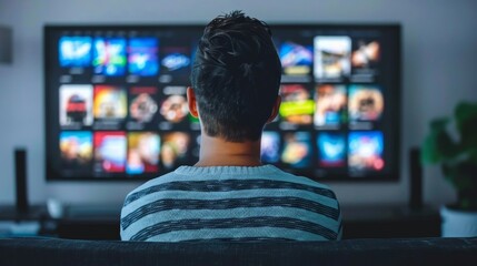 Rear view of a person sitting on a sofa watching a variety of shows on a large television screen. - 791297454