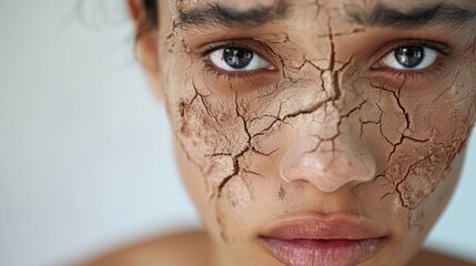 Close-up portrait of a person with dry, cracked earth texture superimposed on their skin. - obrazy, fototapety, plakaty