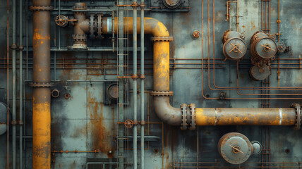 The image is of a rusty pipe with a lot of valves and pipes attached to it