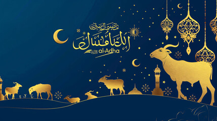 Eid Mubarak creative new poster design, crescent moon shape and goat, Eid Al Adha background card