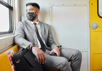 Health, mask and businessman with travel on train for public transport, trip and safety on journey....