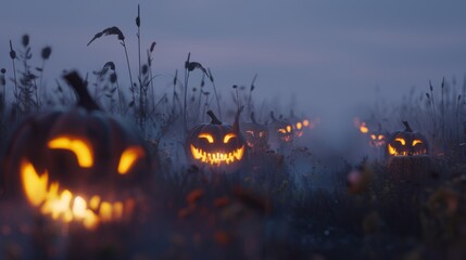 Halloween theme with glowing jack-o-lanterns placed among tall grass in a misty field.