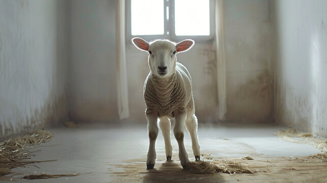 A sheep standing while looking at camera.