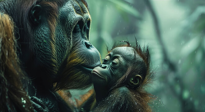 Captivating image of a baby orangutan affectionately kissing its mother, detailed expressions, in a misty rainforest