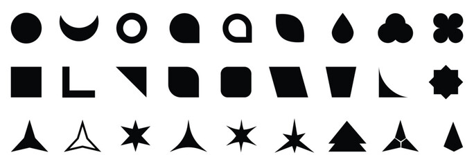 Abstract and basic shapes collection. Vector basic shape. Geometric formal shape. Polygonal elements. Modern trendy minimalist basic figures, lines, circles, hexagon, star, triangle flat style. Vector