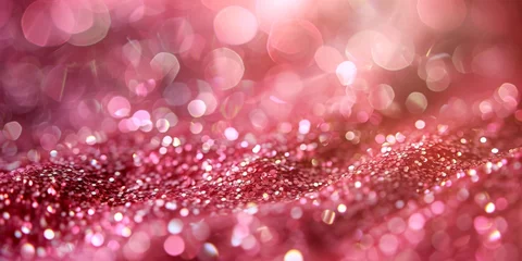 Rolgordijnen Close-up of vibrant pink glitter with soft bokeh, ideal for festive backgrounds. © tashechka