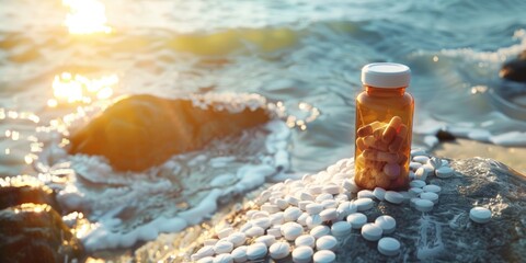 Hand reaching for a pill bottle amidst scattered pills on a sunny ocean shore.